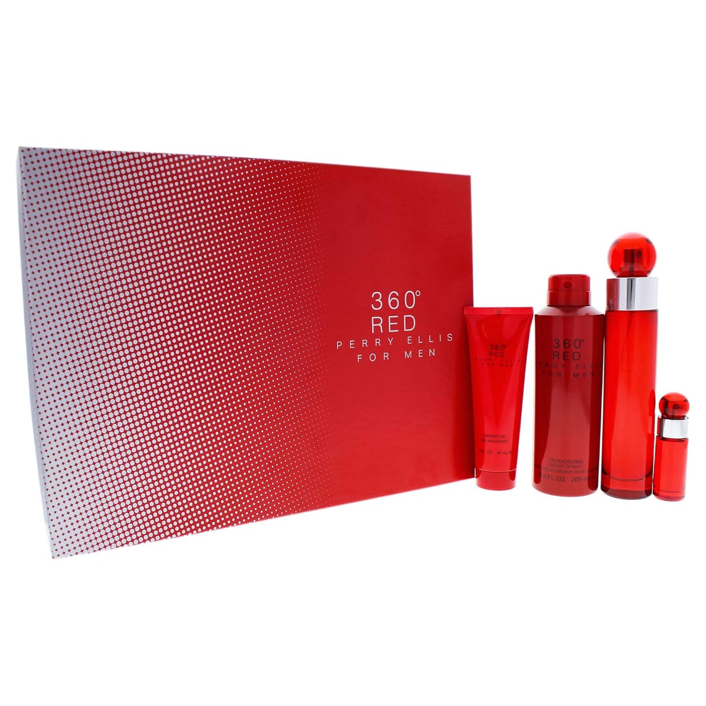 Perry Ellis 360 Red Eau De Toilette Spray 3.4 oz & Shower Gel 3 oz & Deodorant Body Spray 6 oz & Eau De Toilette Spray 0.25 oz Mini