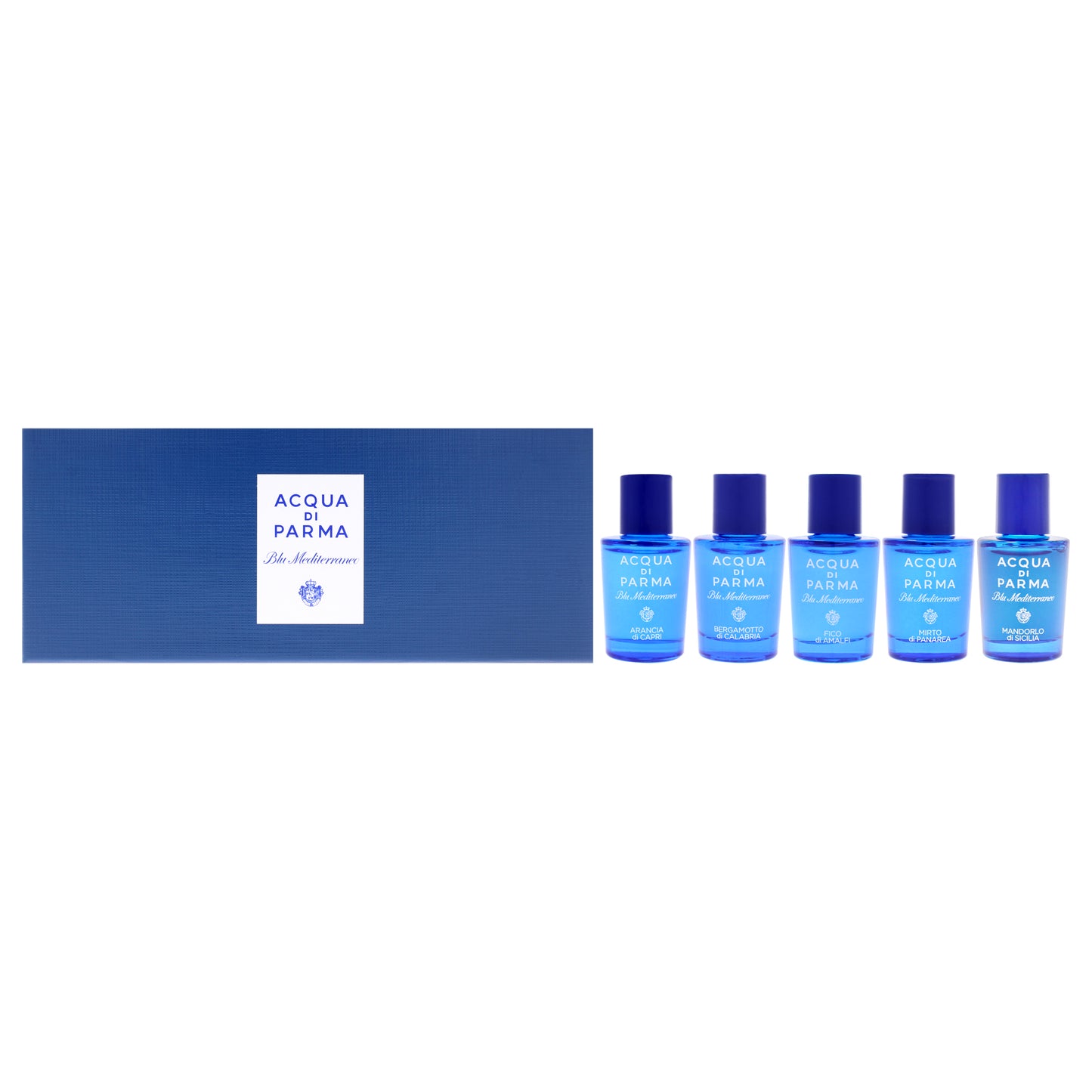 Acqua Di Parma Blu Mediterraneo 5 Pc Mini Gift Set 0.16oz Arancia di Capri EDT Spray, 0.16oz Bergamotto di Calabria EDT Spray, 0.16oz Fico di Amalfi EDT Spray, 0.16oz Mirto di Panarea EDT Spray, 0.16oz Mandorlo Di Sicilia EDT Spray for Unisex