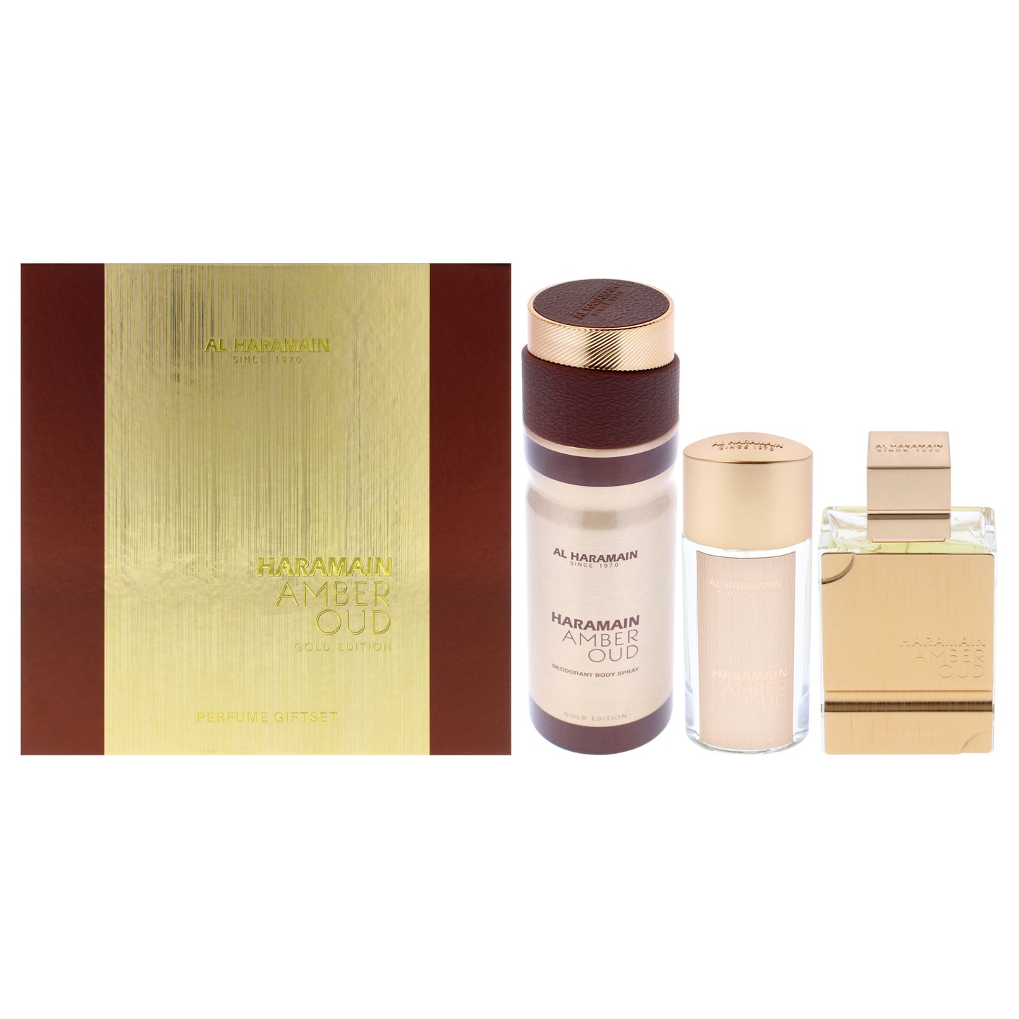 Al Haramain Amber Oud - Gold Edition 3 Pc Gift Set 2.5oz EDP Spray, 1oz EDP Spray, 6.6oz Body Spray for Unisex