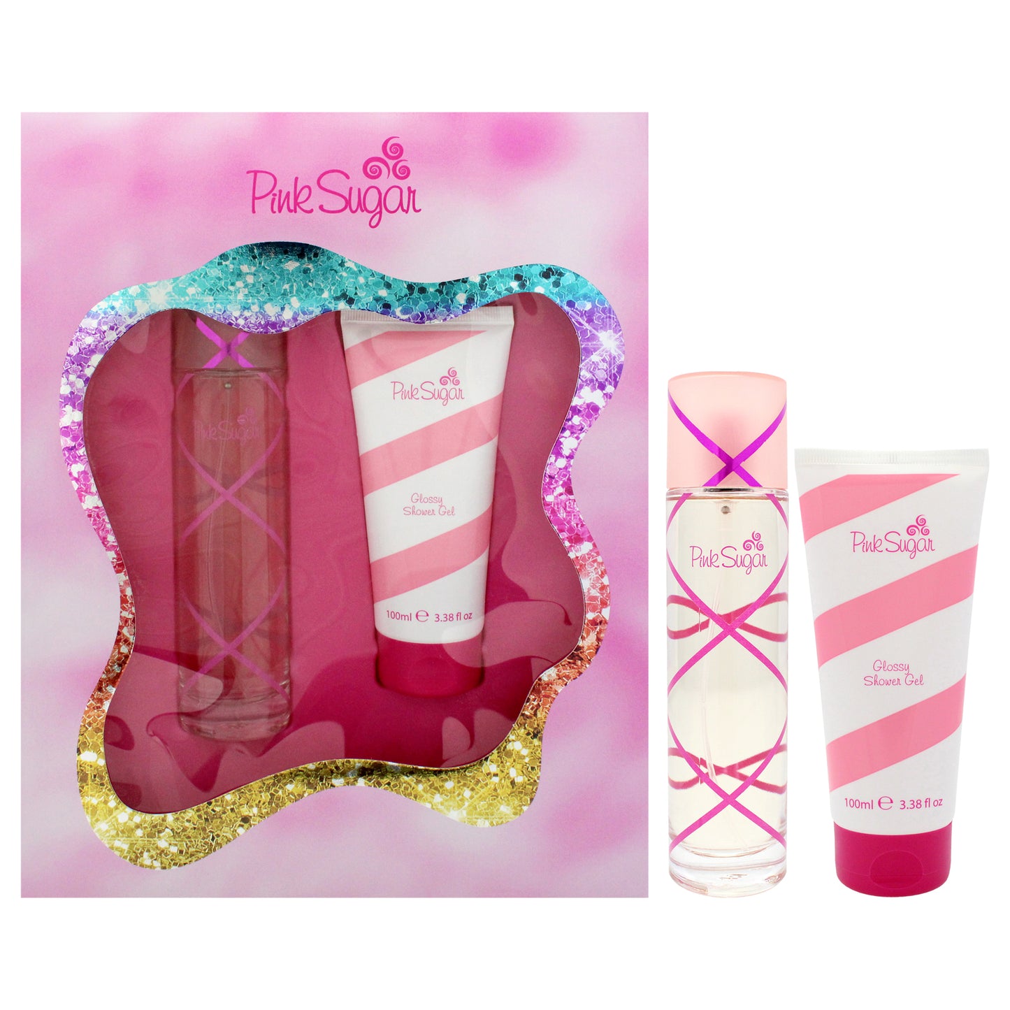 Aquolina Pink Sugar 2 Pc Gift Set 3.4oz EDT Spray, 3.4oz Glossy Shower Gel for Women