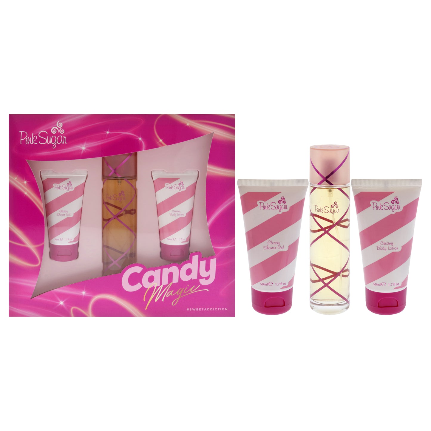 Aquolina Pink Sugar Candy Magic 3 Pc Gift Set 3.4oz EDT Spray, 1.7oz Glossy Shower Gel, 1.7oz Creamy Body Lotion for Women