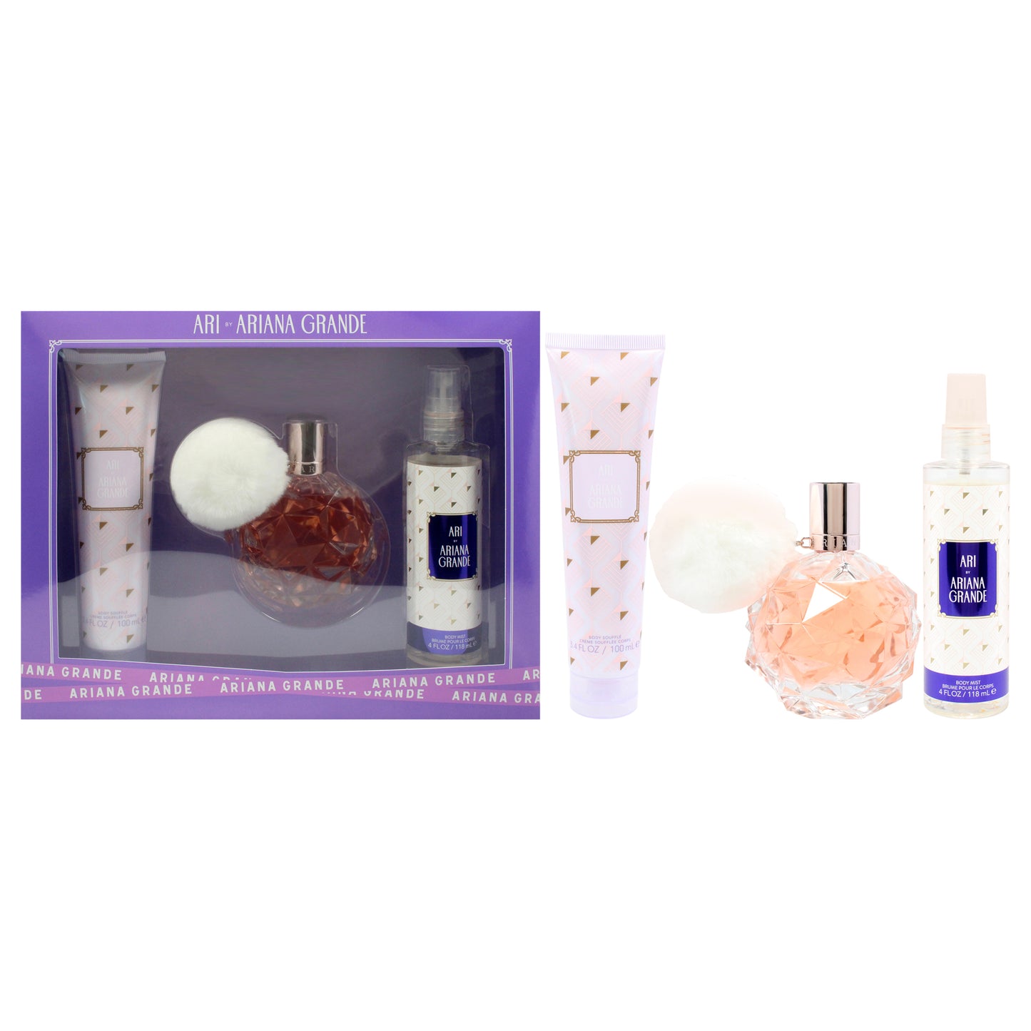 Ariana Grande Ari 3 Pc Gift Set 3.4oz EDP Spray, 3.4oz Body Souffle, 4oz Body Mist for Women