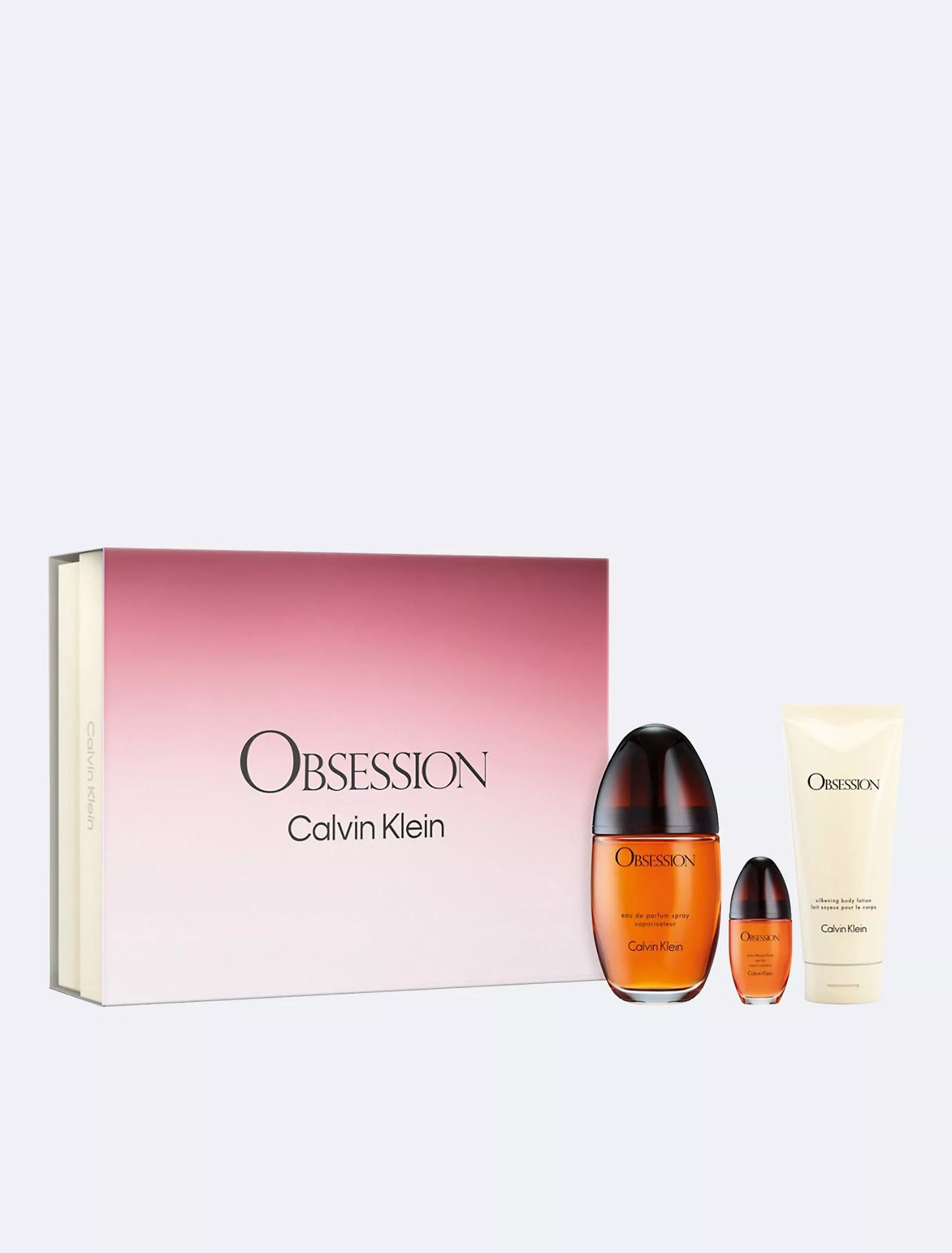 Calvin Klein Obsession For Women Gift Set Eau de parfum 3.4oz bottle, body lotion and 0.5oz travel spray.