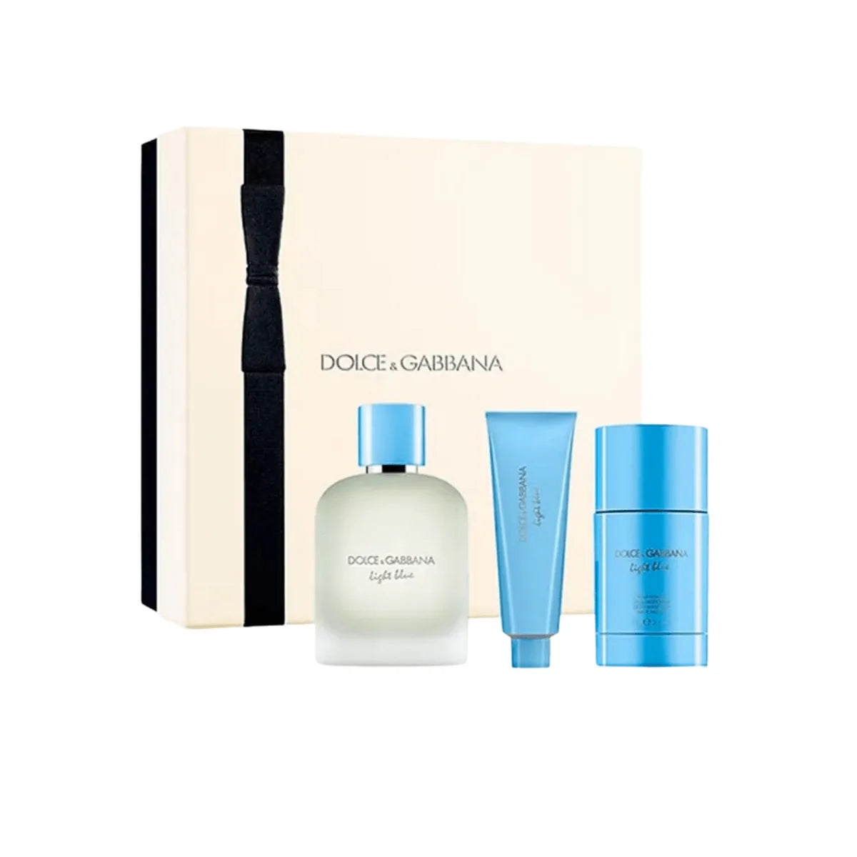 Dolce & Gabbana Light Blue fragrance gift set that includes an Eau de Toilette, a Shower Gel, and a Deodorant Stick