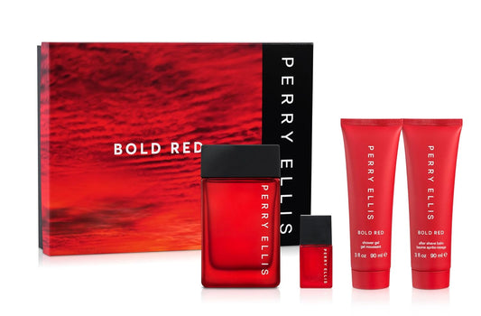 Perry Ellis Bold Red Men Gift Set: 3.4 fl oz Eau de toilette, 3 oz Aftershave, 3 oz Shower Gel, .25 fl oz travel mini