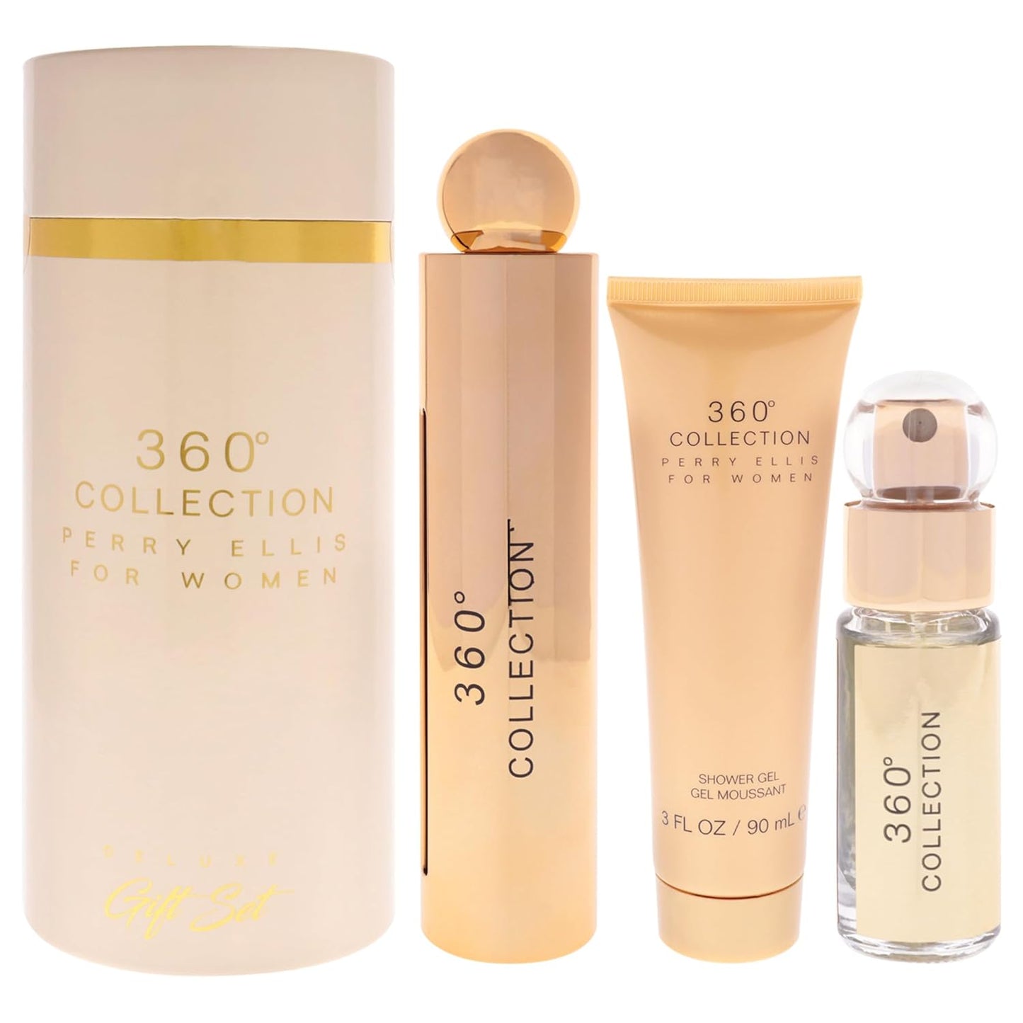 Perry Ellis 360° Collection for Women - 3-Piece Canister Gift Set Women (3.4 fl oz Eau de Parfum, 3 oz Shower Gel, .25 fl oz EDP Mini Travel Spray)