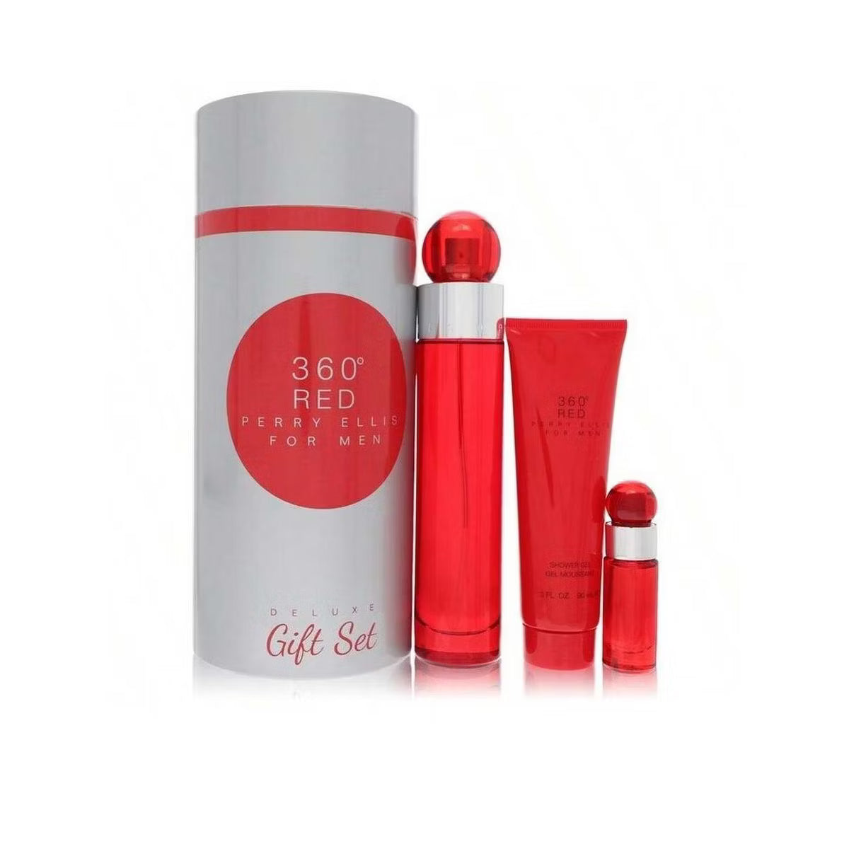 Perry Ellis 360 Red Men 3.4oz EDT Spray, 7.5ml EDT Mini Spray, 3oz Shower Gel 3 Pc Gift Set