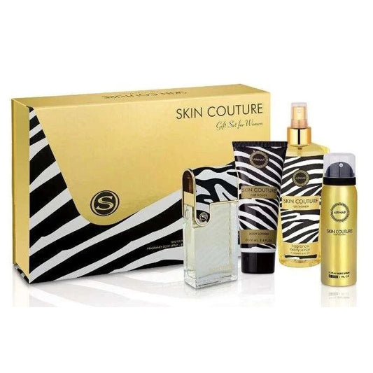 Armaf Ladies Skin Couture Gift Set: 3.4oz Eau de Parfum spray, 1.7oz parfum, 3.4oz body lotion, and 8.4oz body splash