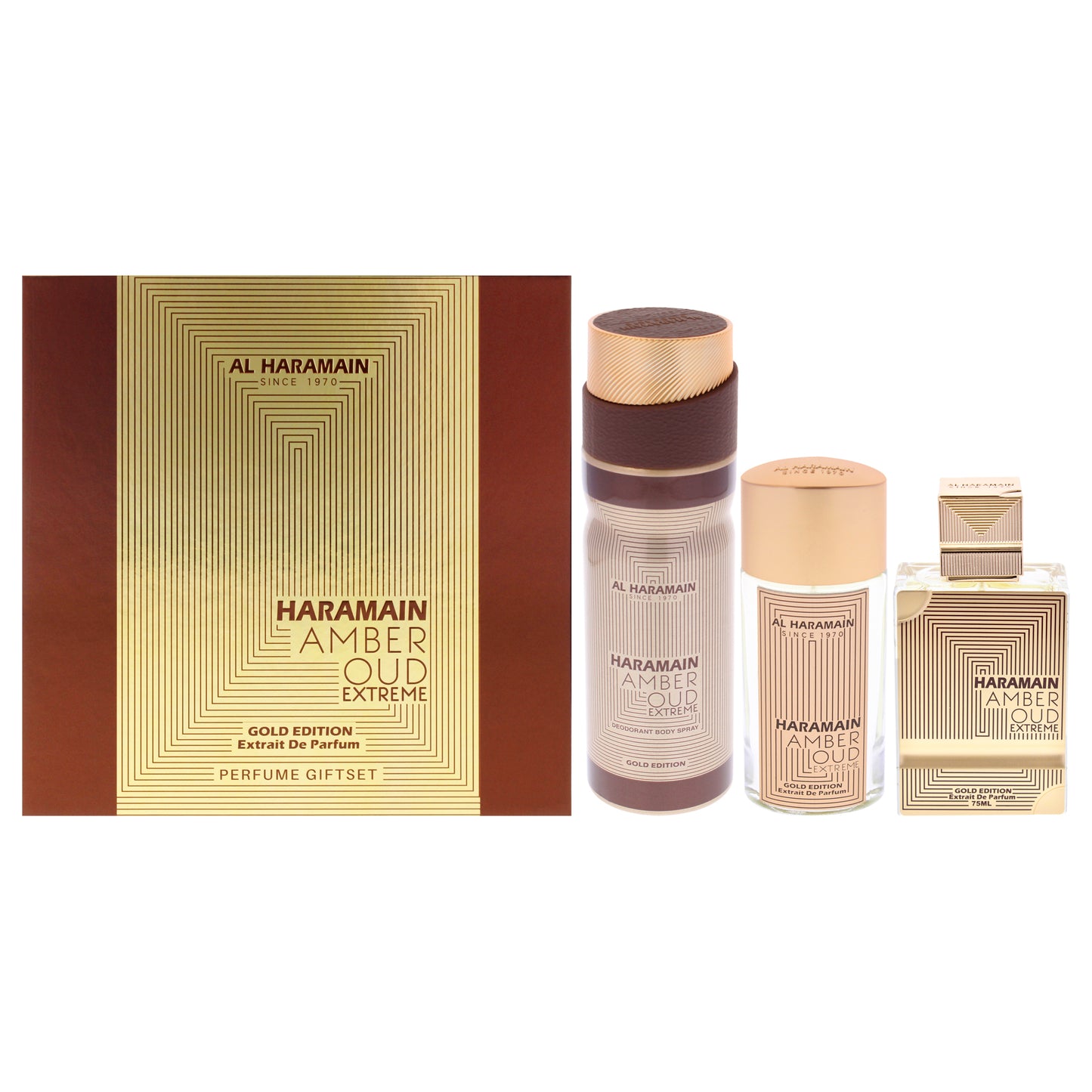 Al Haramain Amber Oud - Gold Edition Extreme 3 Pc Gift Set 2.5oz Extrait De Parfum Spray, 1oz Extrait De Parfum Spray, 6.6oz Body Spray for Unisex