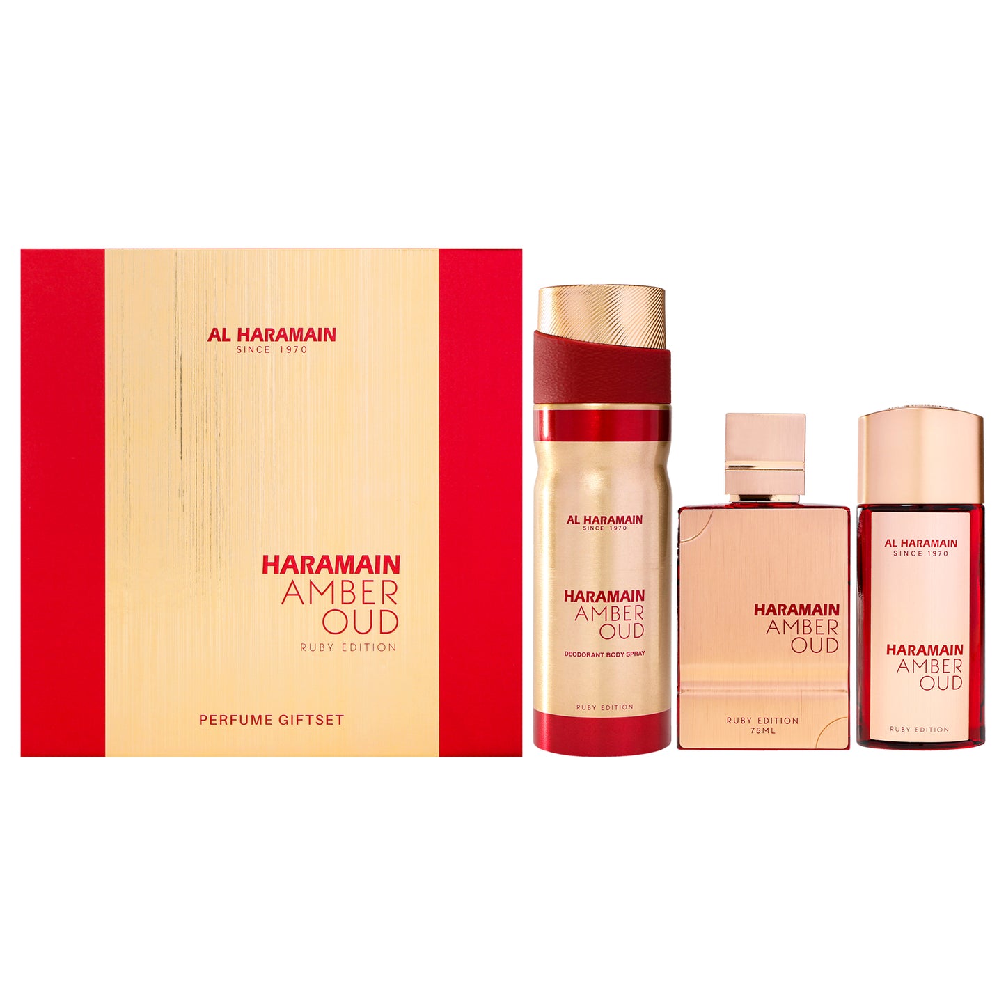 Al Haramain Amber Oud - Ruby Edition 3 Pc Gift Set 2.5oz EDP Spray, 1oz EDP Spray, 6.6oz Body Spray for Unisex