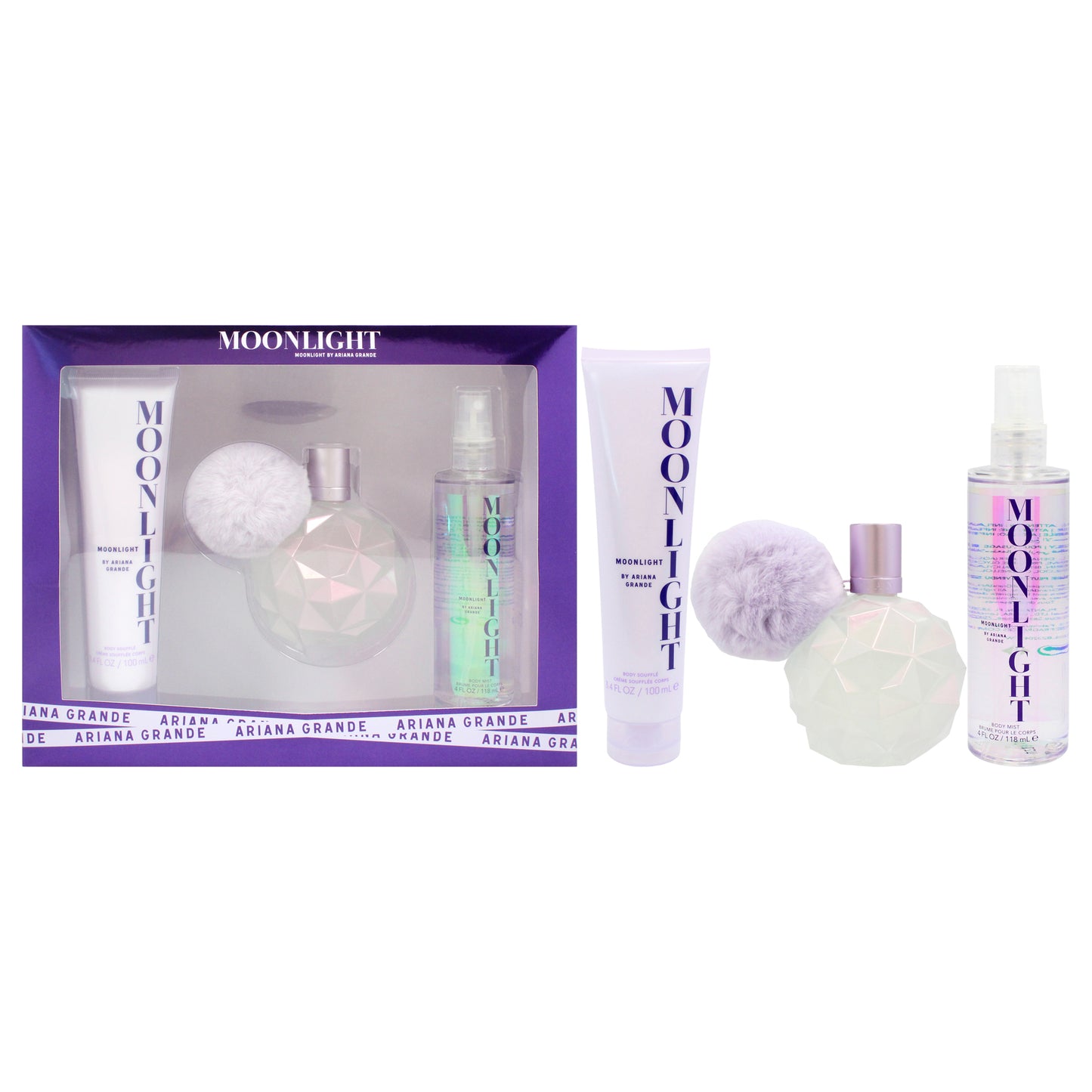Ariana Grande Moonlight 3 Pc Gift Set 3.4oz EDP Spray, 3.4oz Body Souffle, 4oz Body Mist for Women