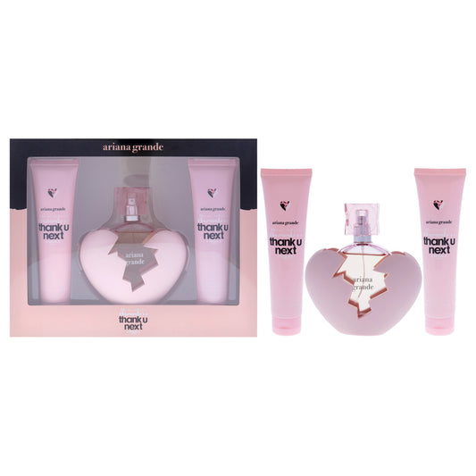 Ariana Grande Thank U Next 3 Pc 3.4oz EDP Spray, 3.4oz Body Souffle, 3.4oz Bath and Shower Gel for Women