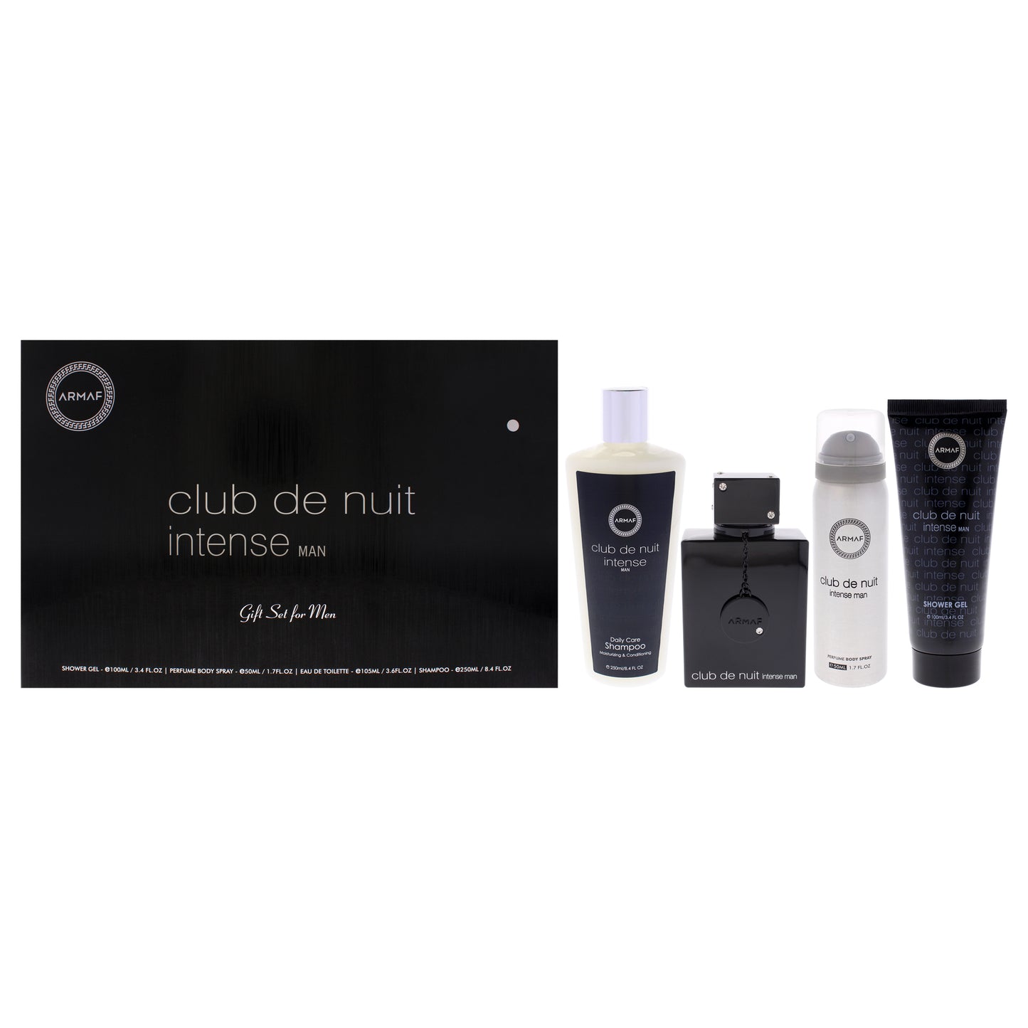 Armaf Club De Nuit Intense 4 Pc Gift Set 3.6oz EDT Spray, 1.7oz Body Spray, 3.4oz Shower Gel, 8.4oz Shampoo for Men