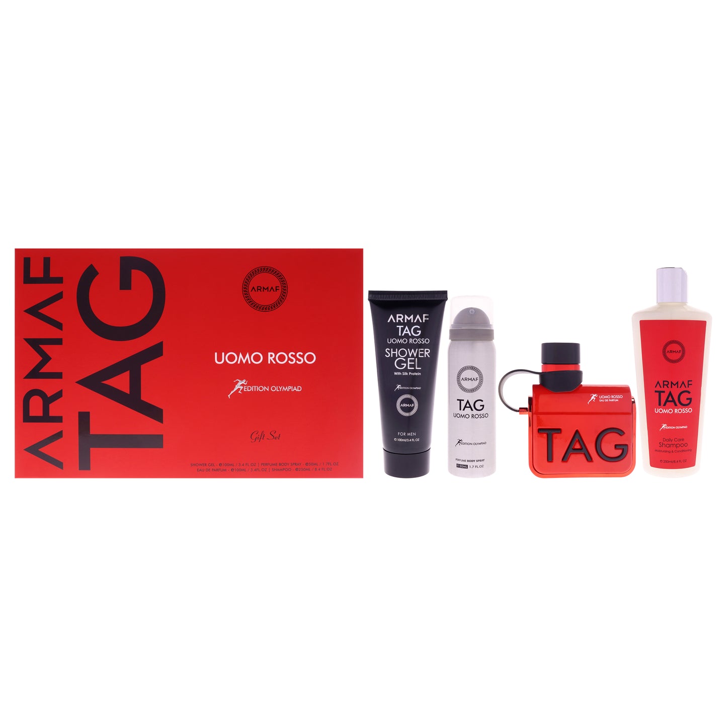 Armaf Tag Uomo Rosso Edition Olympiad 4 Pc Gift Set 3.4oz EDP Spray, 3.4oz Shower Gel, 8.4oz Shampoo, 1.7oz Body Spray for Men