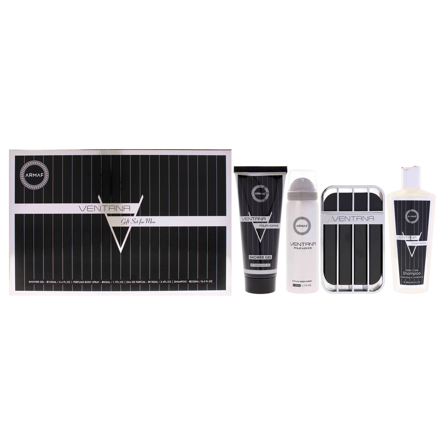 Armaf Ventana 4 Pc Gift Set 3.4oz EDP Spray, 3.4oz Shower Gel, 8.4oz Shampoo, 1.7oz Body Spray for Men