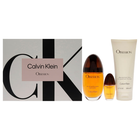 Calvin Klein Obsession 3 Pc Gift Set 3.3oz EDP Spray, 0.5oz EDP Spray, 6.7oz Silkening Body Lotion for Women